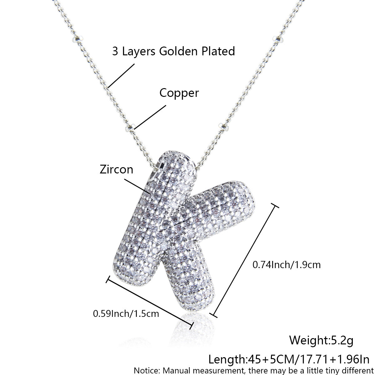 Elegant Zircon Letter Pendant Necklace - 304 Stainless Steel with Copper Plating