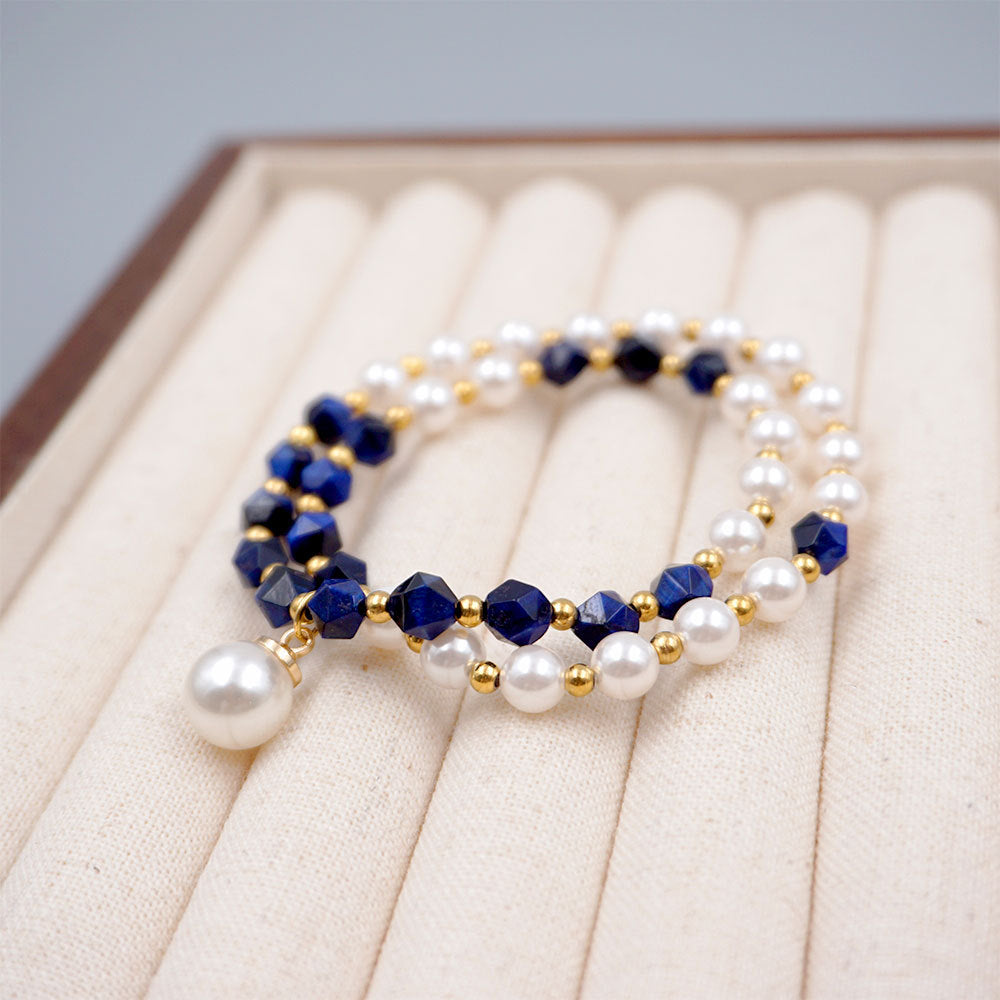 Vintage Modern Round Pearl Kyanite Stacking Bracelet