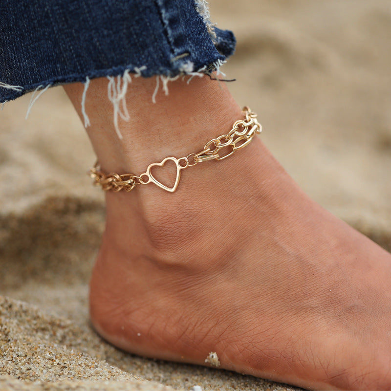 Retro Double Layer Peach Heart Chain Anklet - Gold Alloy Minimalist Design