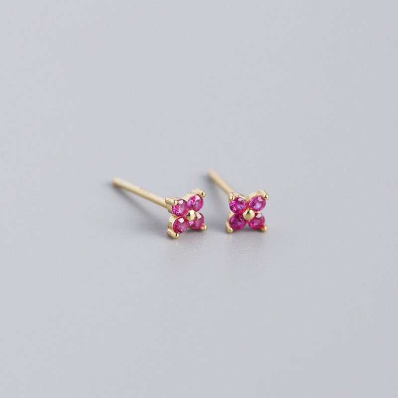 Yhe0297 Europe And America Cross Border S925 Sterling Silver Ins Four-Leaf Flower Sweet And Small Stud Earrings Colorful Flower Earrings For Women