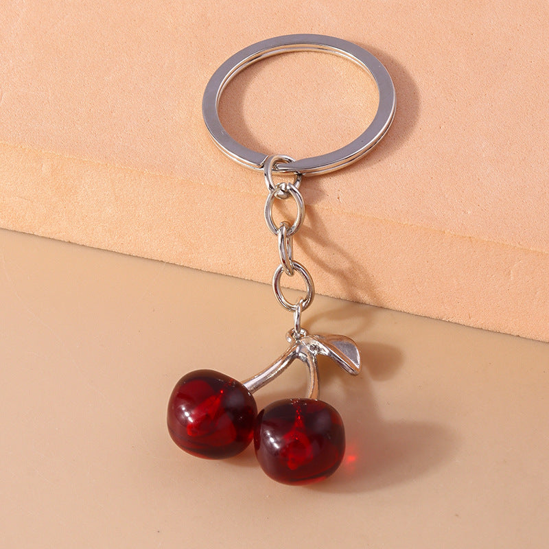 Pastoral Cherry Zinc Alloy Keychain with Faux Diamond Fruit Charm