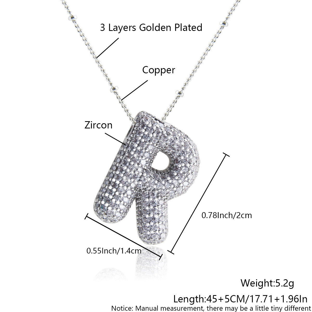 Elegant Zircon Letter Pendant Necklace - 304 Stainless Steel with Copper Plating