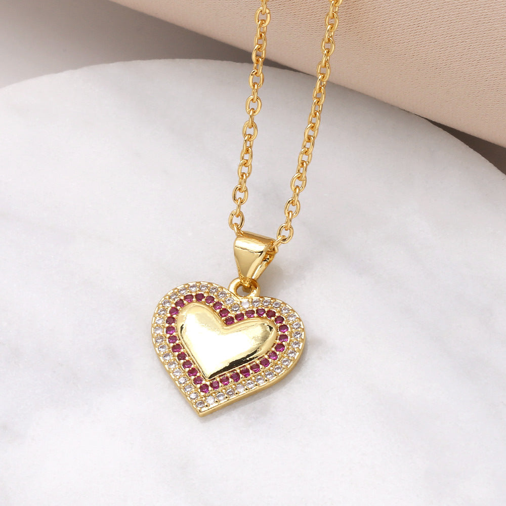 201 Stainless Steel 18K Gold Plated Heart Zircon Pendant Necklace