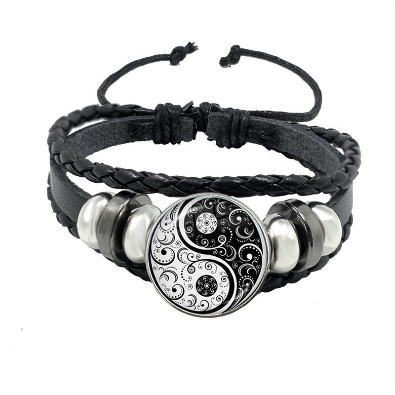 Retro Geometric PU Leather Yin Yang Tai Chi Unisex Bracelet Set