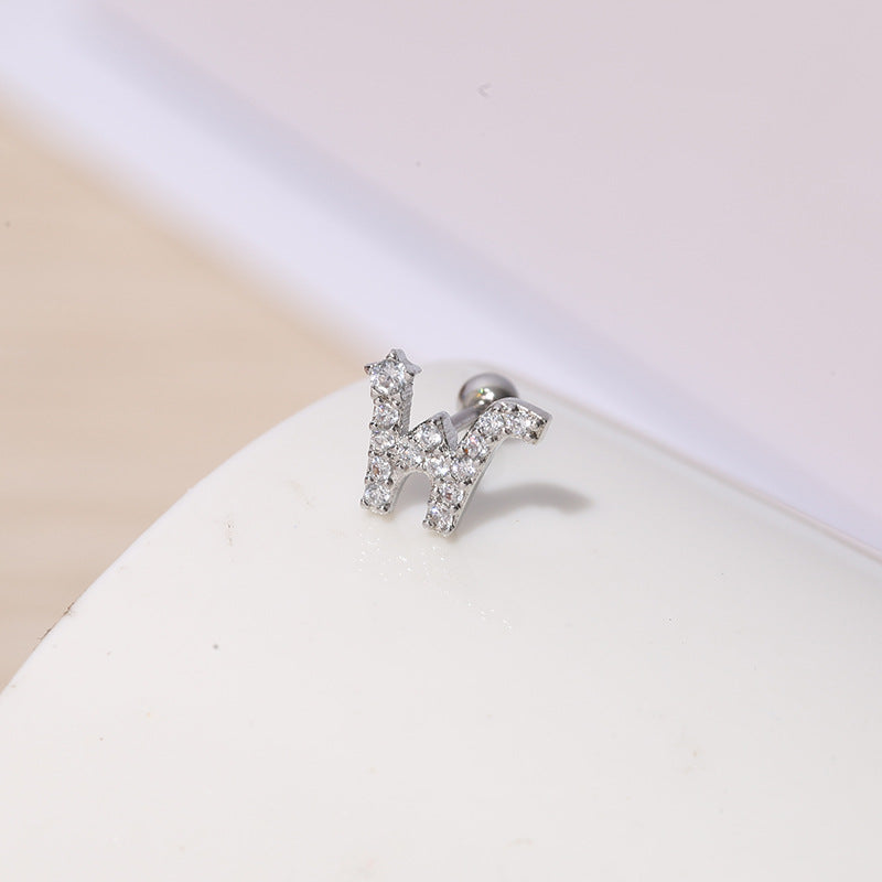 IG Style Shiny Letter Zircon Inlay Stainless Steel Cartilage Stud Earrings with Threaded Screw Closure