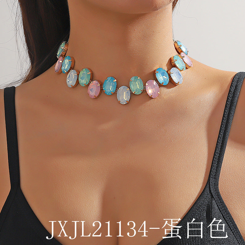 Elegant Colorful Oval Crystal Choker Necklace