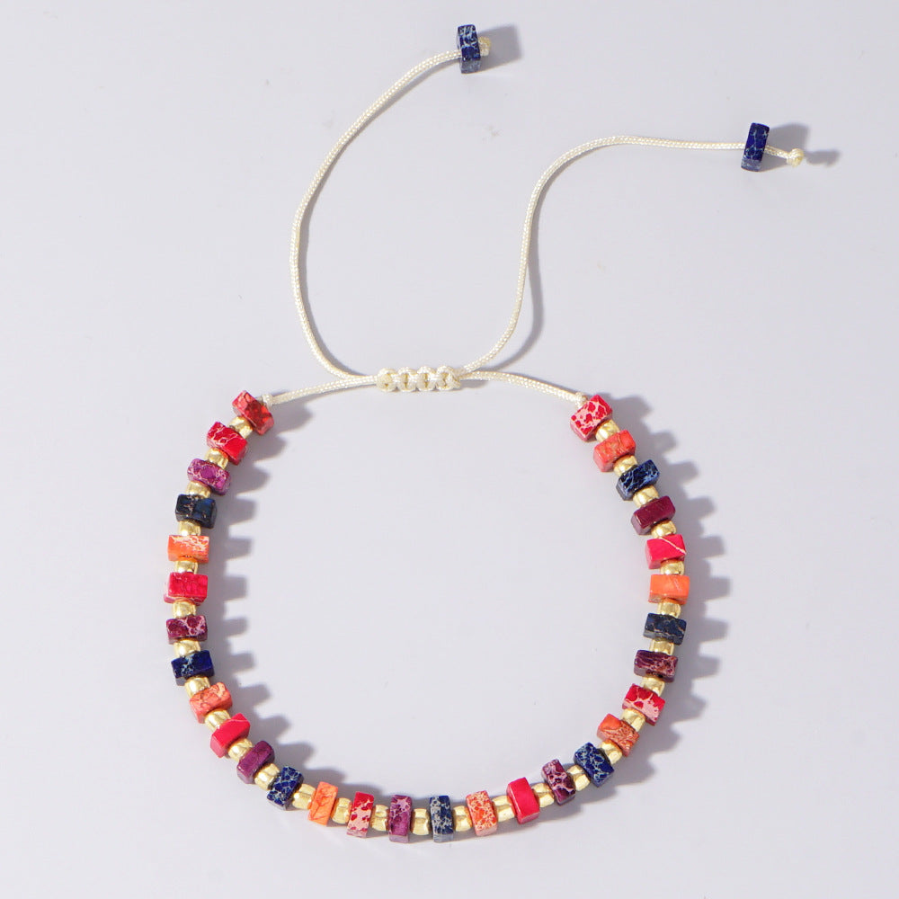 Minimalist Color Block Semi-Precious Stone Bracelet with Vintage Gold Beads