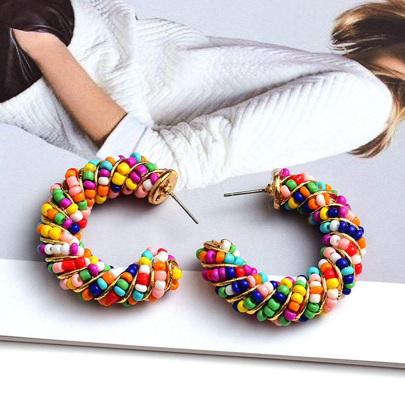 1 Pair Color Block Seed Bead Oval Hoop Earrings