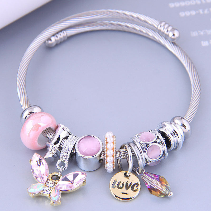 Cute Animal Opal Inlay Stainless Steel Adjustable Cuff Bracelet with Crystal Butterfly Tassel Beads