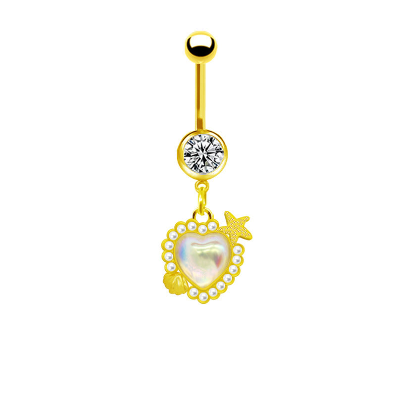 Gold Plated Heart & Star Belly Ring with Rhinestones and Wings Design