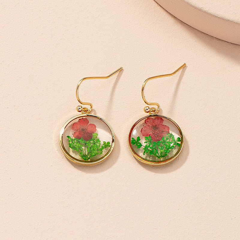 Vintage Dried Flower Round Drop Earrings for Women