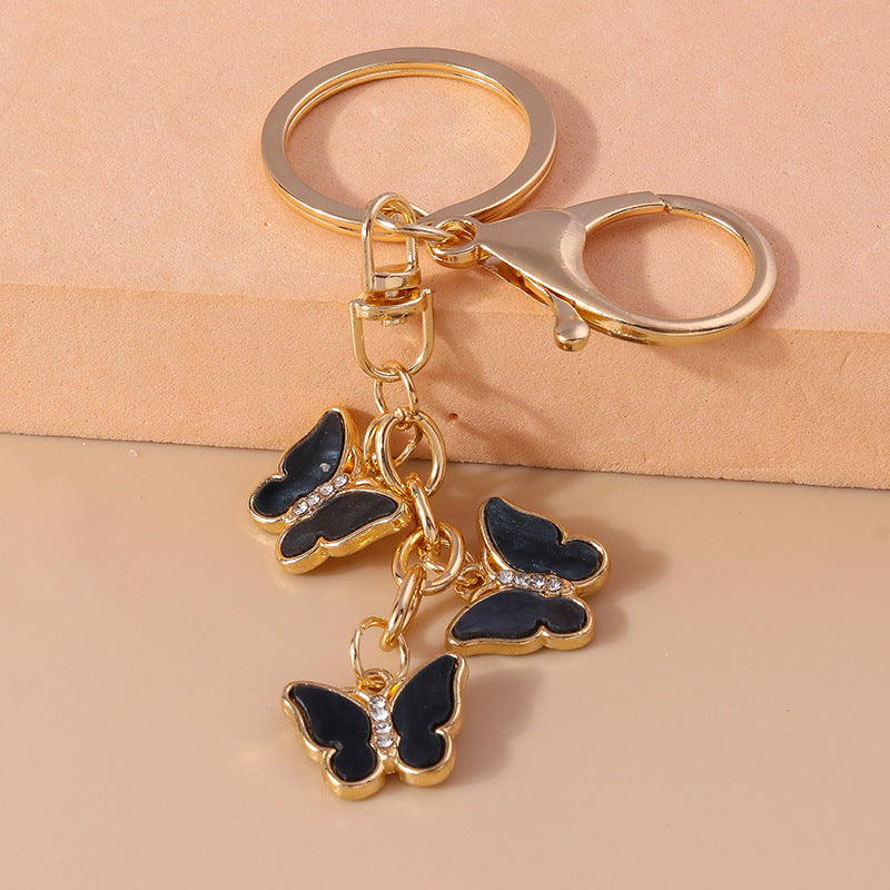 Pastoral Butterfly Trio Zinc Alloy Keychain with Enamel and Rhinestone Accents