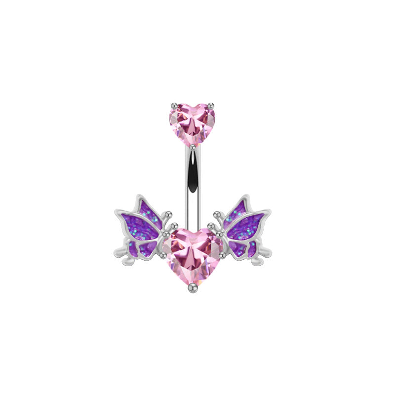 1 Piece Belly Rings Sexy Heart Shape Wings Butterfly 316 Stainless Steel  Alloy Inlay Rhinestones Glass White Gold Plated