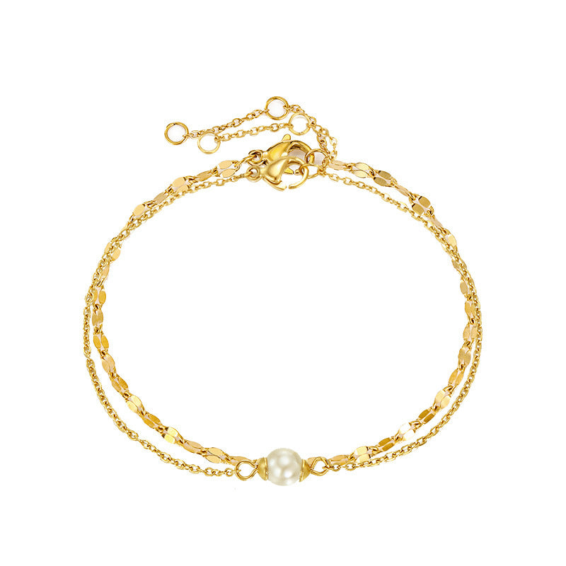 Fashion U Shape 14K Gold Plated Stainless Steel Double Layer Chain Bracelet with Pearl Accents