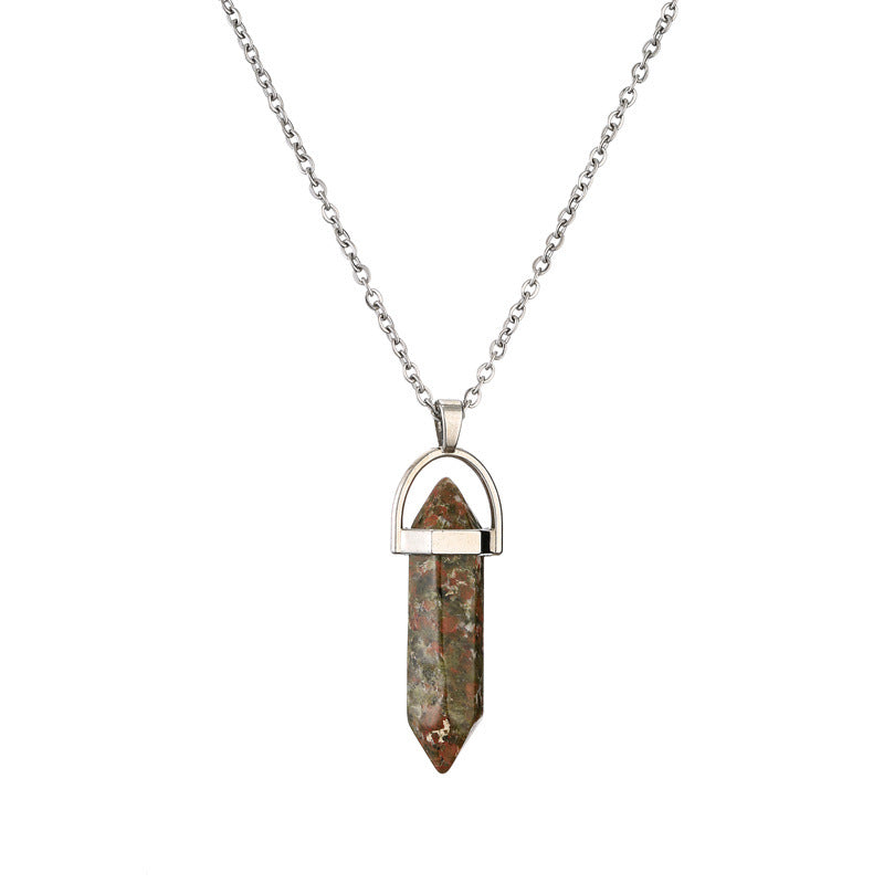 Ethnic Geometric Stainless Steel Natural Stone Crystal Pendant Necklace