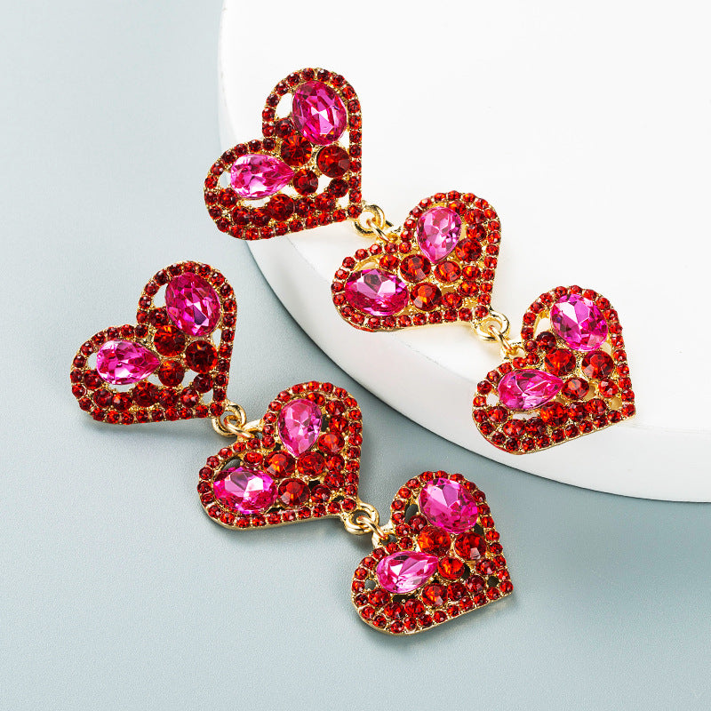 Multi-layer Heart-shaped Alloy Crystal Long Earrings