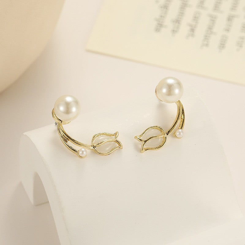 Sweet Korean Style Tulip Flower Pearl Earrings with 925 Silver Needle