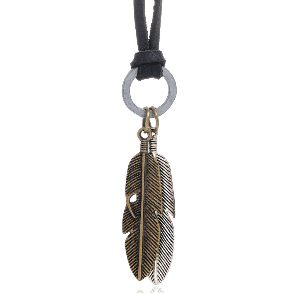 Hip-hop Retro Alloy Feather Adjustable Leather Necklace