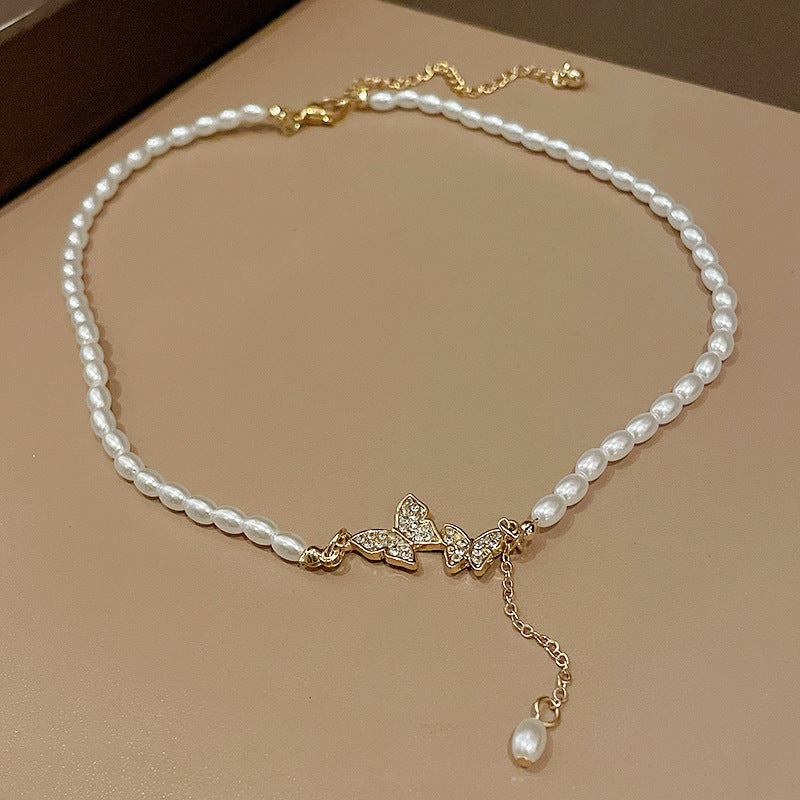 Elegant Korean Butterfly Rhinestone Pearl Choker Necklace