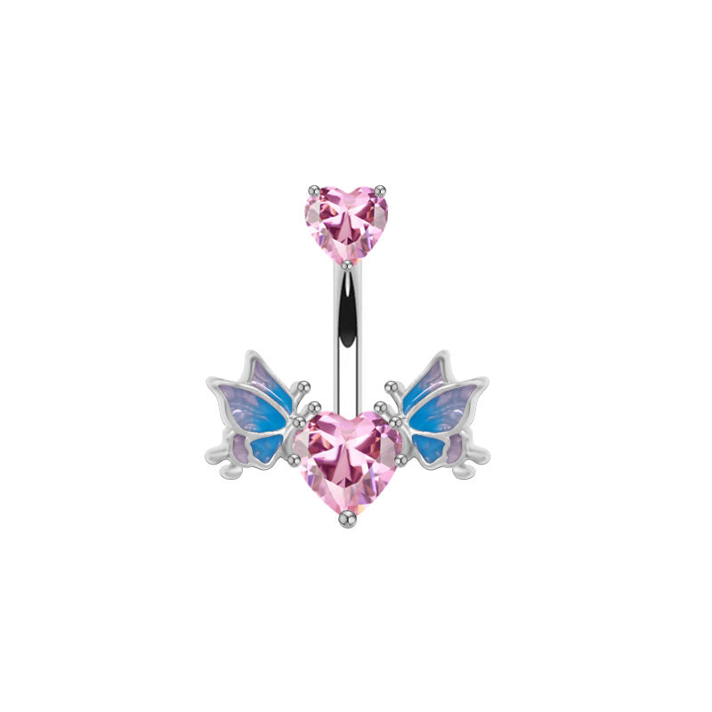 1 Piece Belly Rings Sexy Heart Shape Wings Butterfly 316 Stainless Steel  Alloy Inlay Rhinestones Glass White Gold Plated