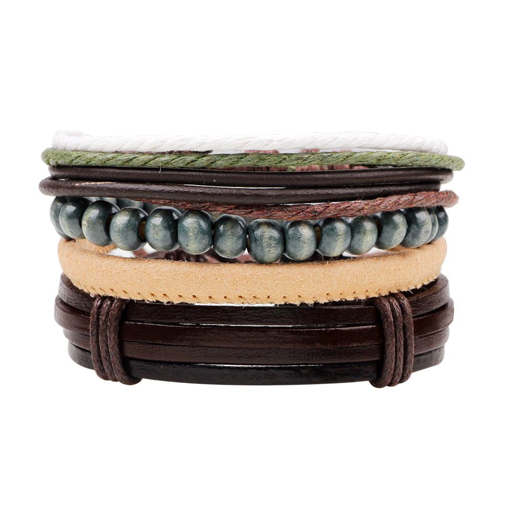 Retro Color Block Multi-Layer Leather Beaded Bracelet Set