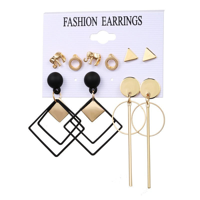 Retro Geometric Pearl and Alloy Earrings Set - 5 Pairs