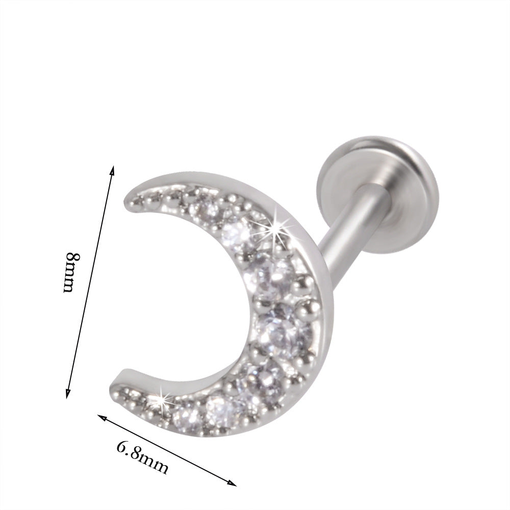 Heart & Moon Flower Lip and Ear Studs - Stainless Steel & Titanium with Zircon Inlay