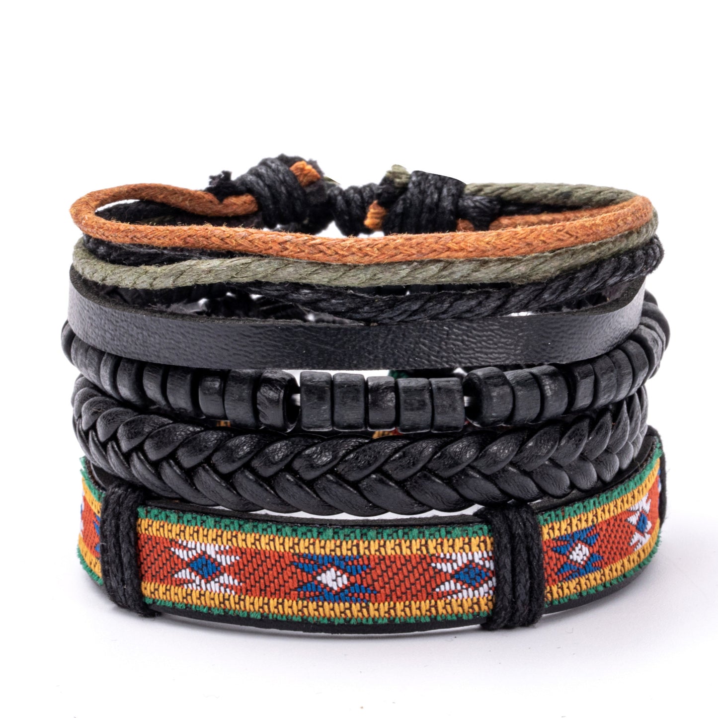 Bohemian Multicolor Beaded Leather Braided Unisex Bracelet Set