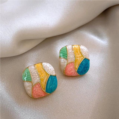 1 Pair Minimalist Korean Color Block Square Glazed Alloy Stud Earrings