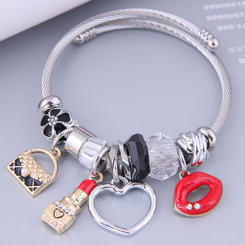 Fashion Metal Bag Lipstick Heart Lips Multi-element Pendant Bracelet