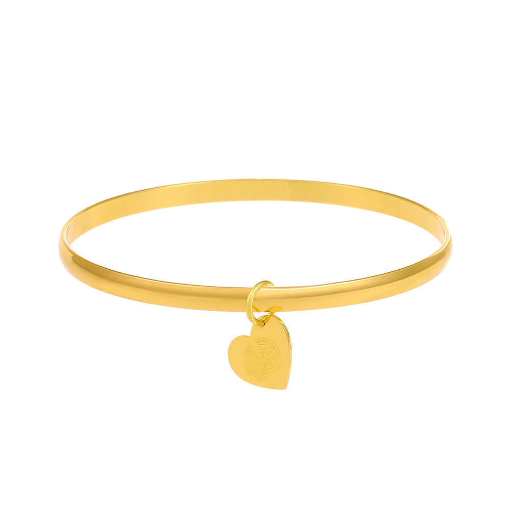 Simple Heart Shape Stainless Steel Bangle with Fingerprint Design for Couples and Friends Gift