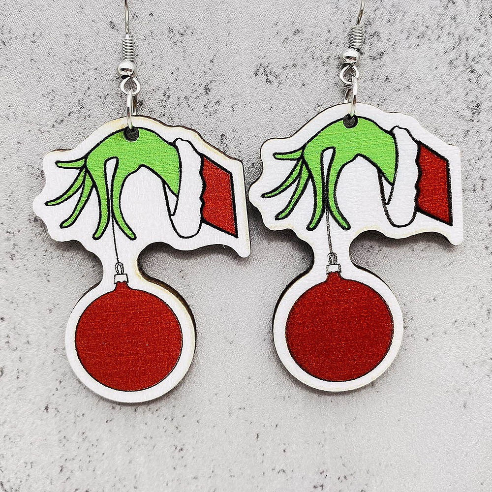 Cartoon Christmas Hat Monster Wood Drop Earrings