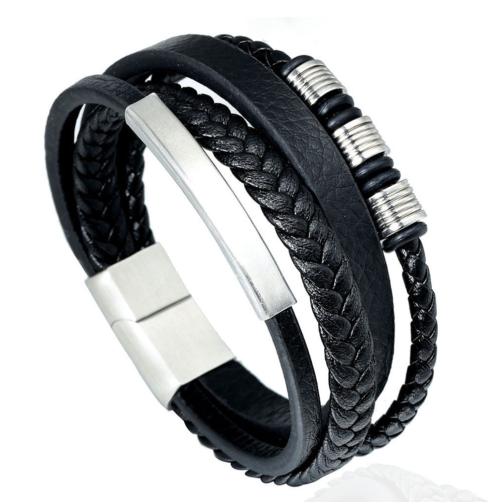 Casual Multi-Layer Braided PU Leather Stainless Steel Men's Bracelet