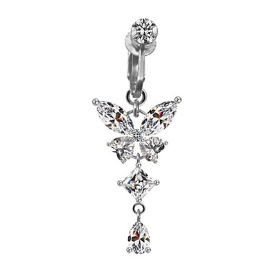 Heart Shape Butterfly Planet Fake Belly Ring - 316 Stainless Steel with Rhinestones