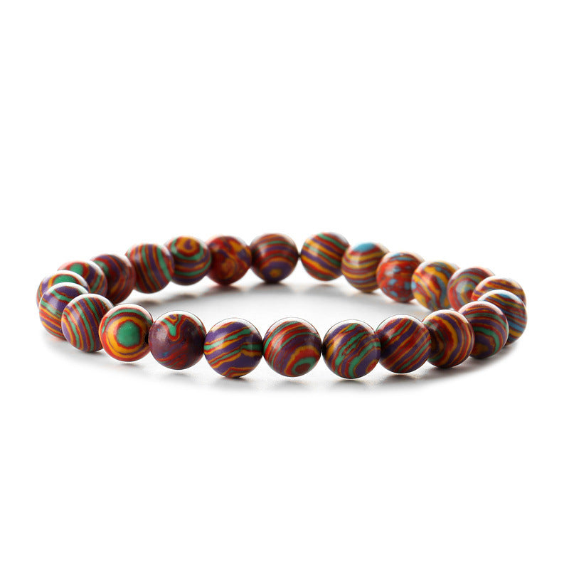 Retro Classic Round Wood Agate Beaded Bracelet with 8mm Tiger Eye and Rainbow Beads