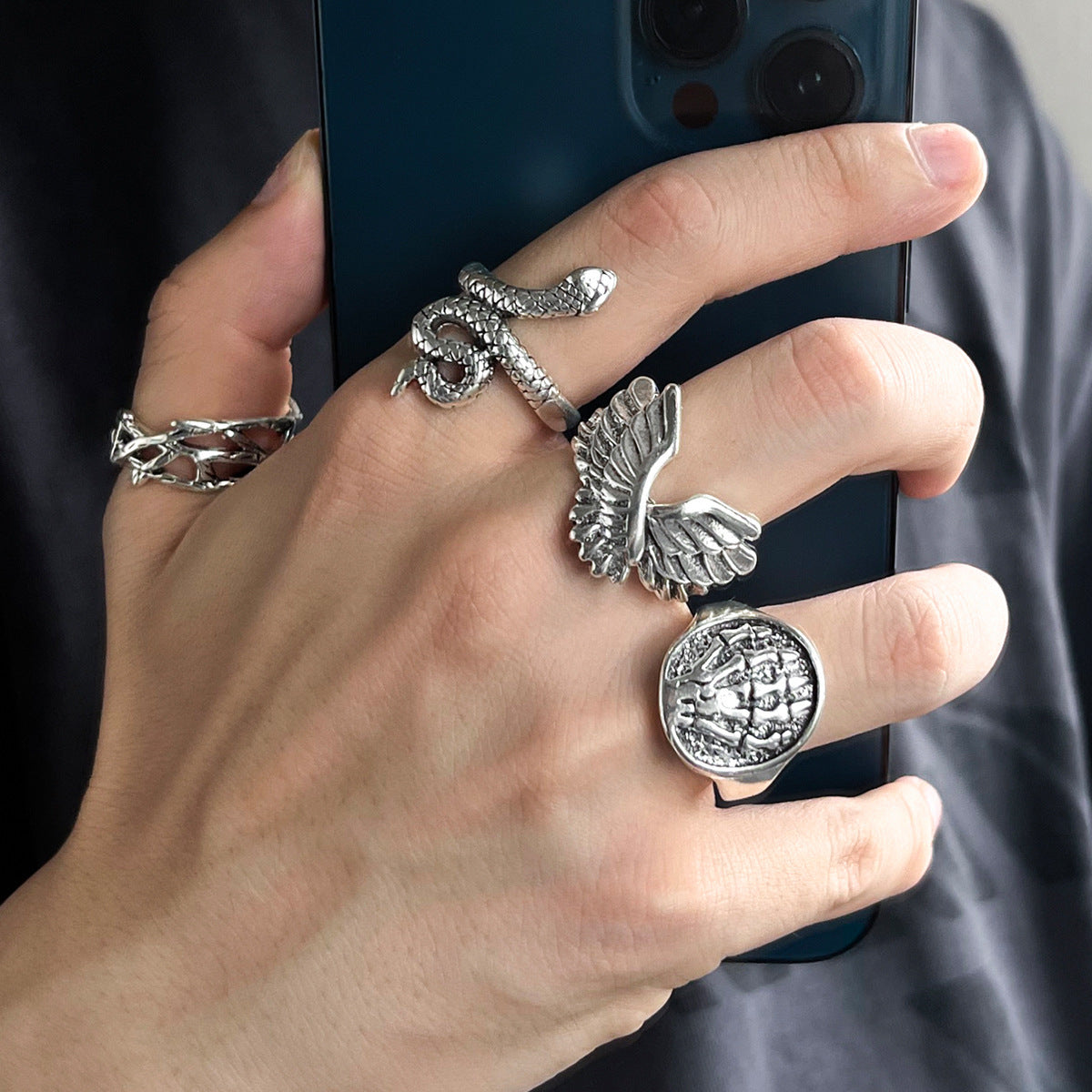 Creative Punk Skull Joker Ring Set - Double Chain & Statement Pieces