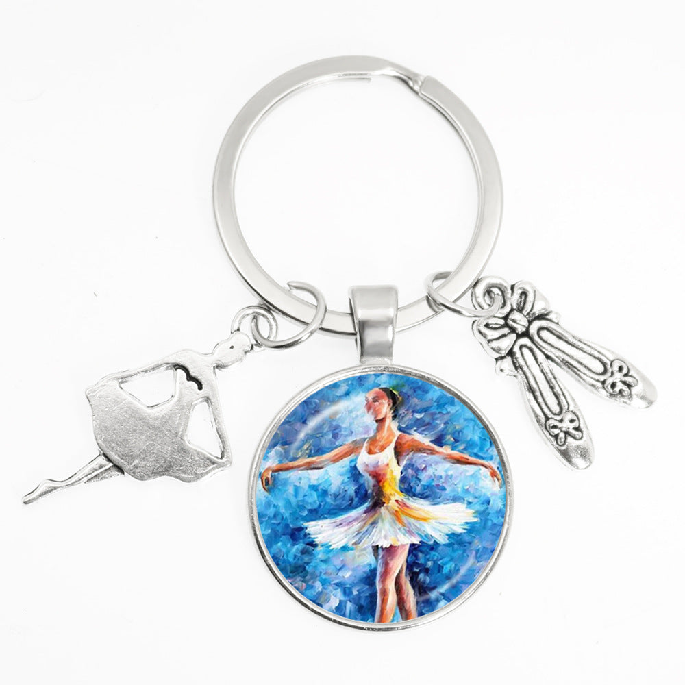 Artistic Ballet Dancer Round Alloy Metal Keychain Pendant