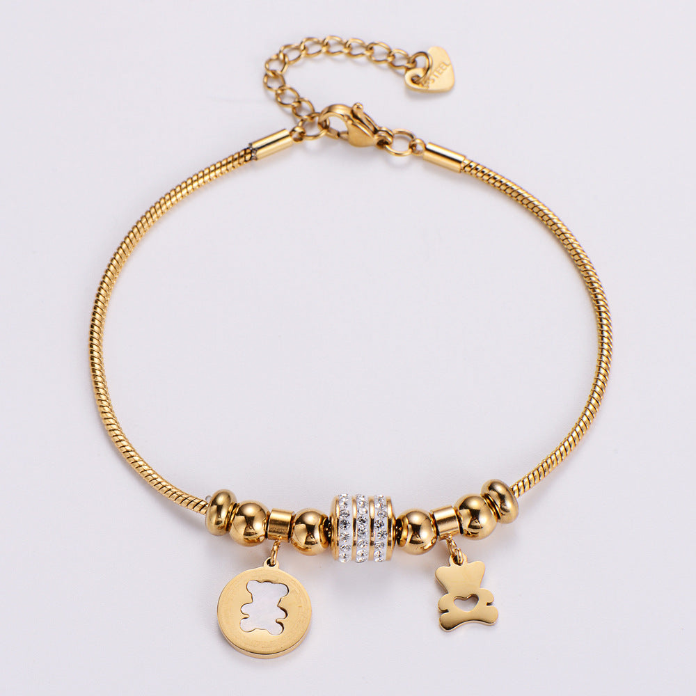 Women's Fashion Bear Charm Rhinestone Stainless Steel Bracelet