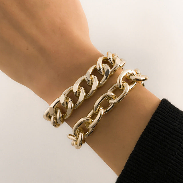 Geometric Iron Women's Bracelet with Gold and Silver Faceted Twisted Chain