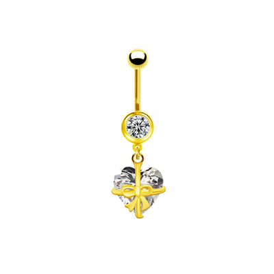 Heart Butterfly Belly Ring - Stainless Steel & Gold Plated with Rhinestones