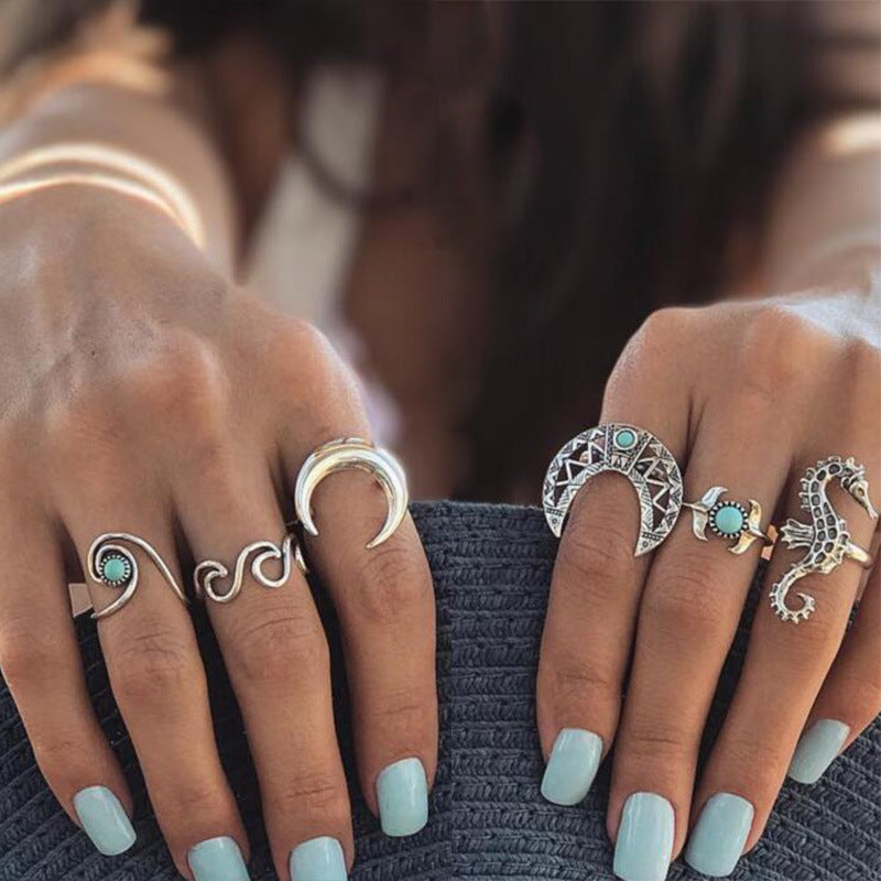 Retro Geometric Bohemian Crystal Moon Ring Set - 11 Piece Vintage Style Jewelry