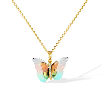 IG Style Colorful Gradient Butterfly Pendant Necklace - 304 Stainless Steel & Copper Inlay Women's Jewelry