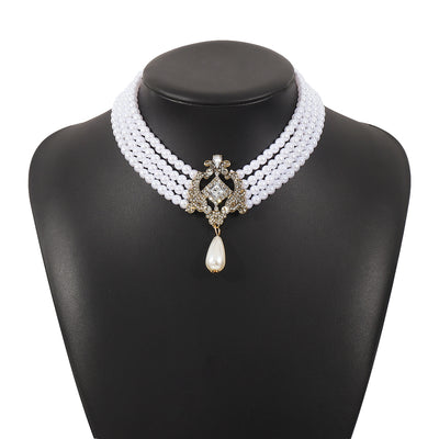 Exaggerated Geometric Pearl Alloy Beaded Rhinestone Multi-Layer Women's Choker Necklace