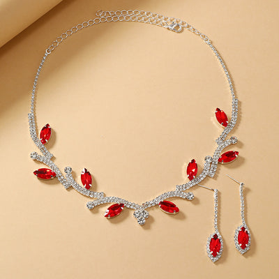 Luxurious Rhinestone Leaf Design Silver Plated Women's Earrings and Necklace Set