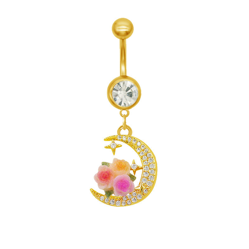 Moon Design Belly Ring - 316 Stainless Steel with Resin Rhinestones and Gold Plating