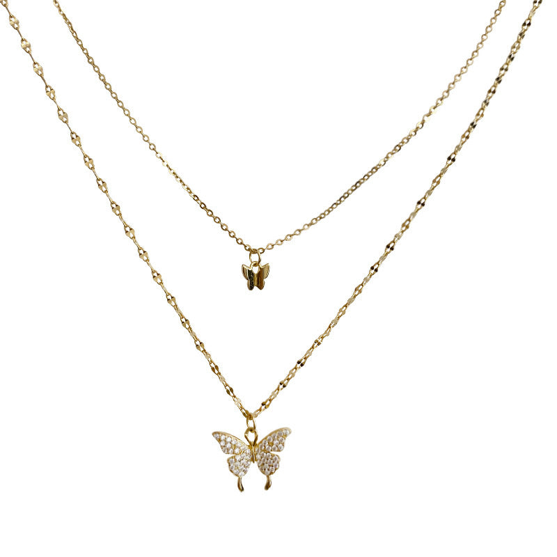 Fashion Double Rhinestone Butterfly Pendent Alloy Necklace