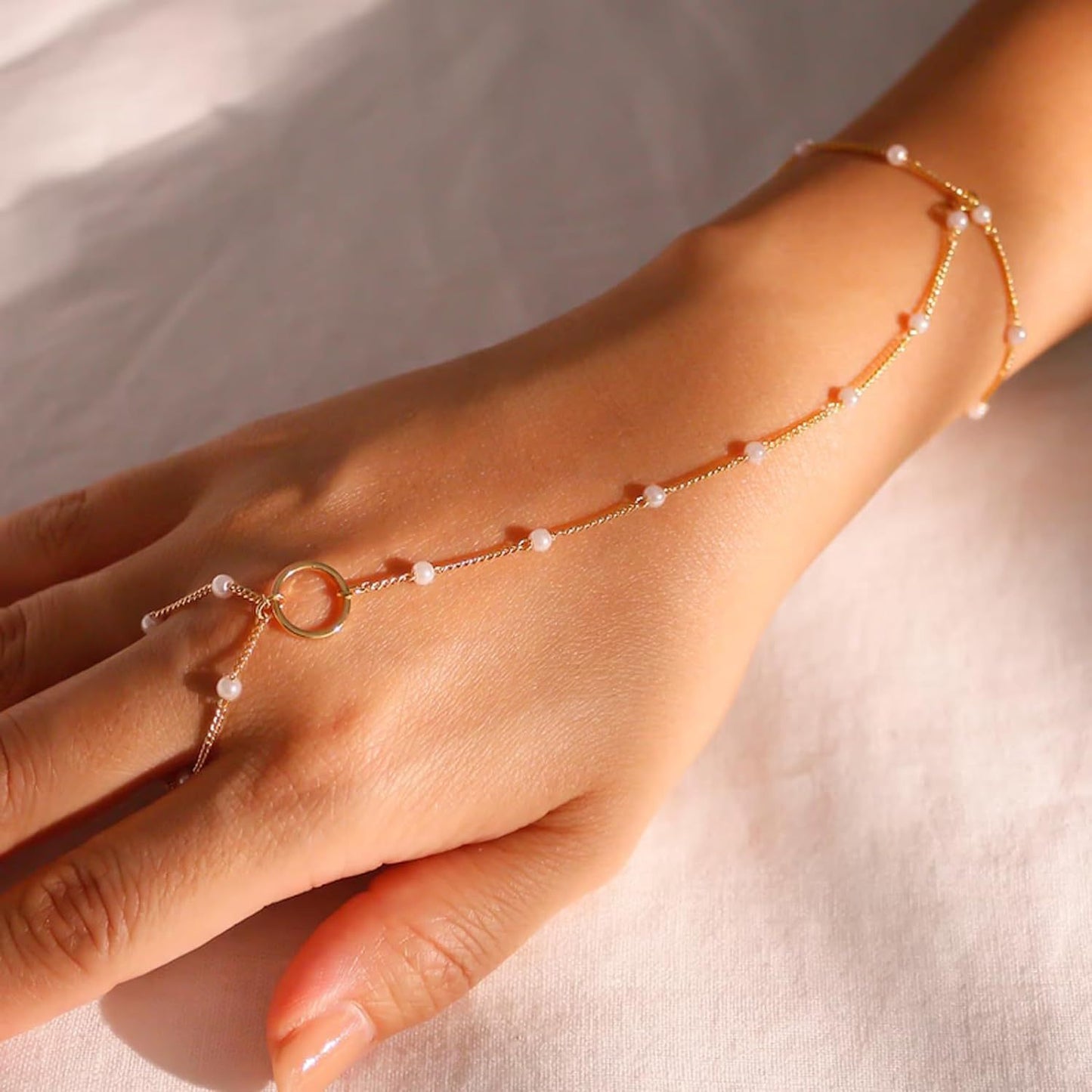 Minimalist Pearl & Bead Copper Bracelet with Zircon Love Chain