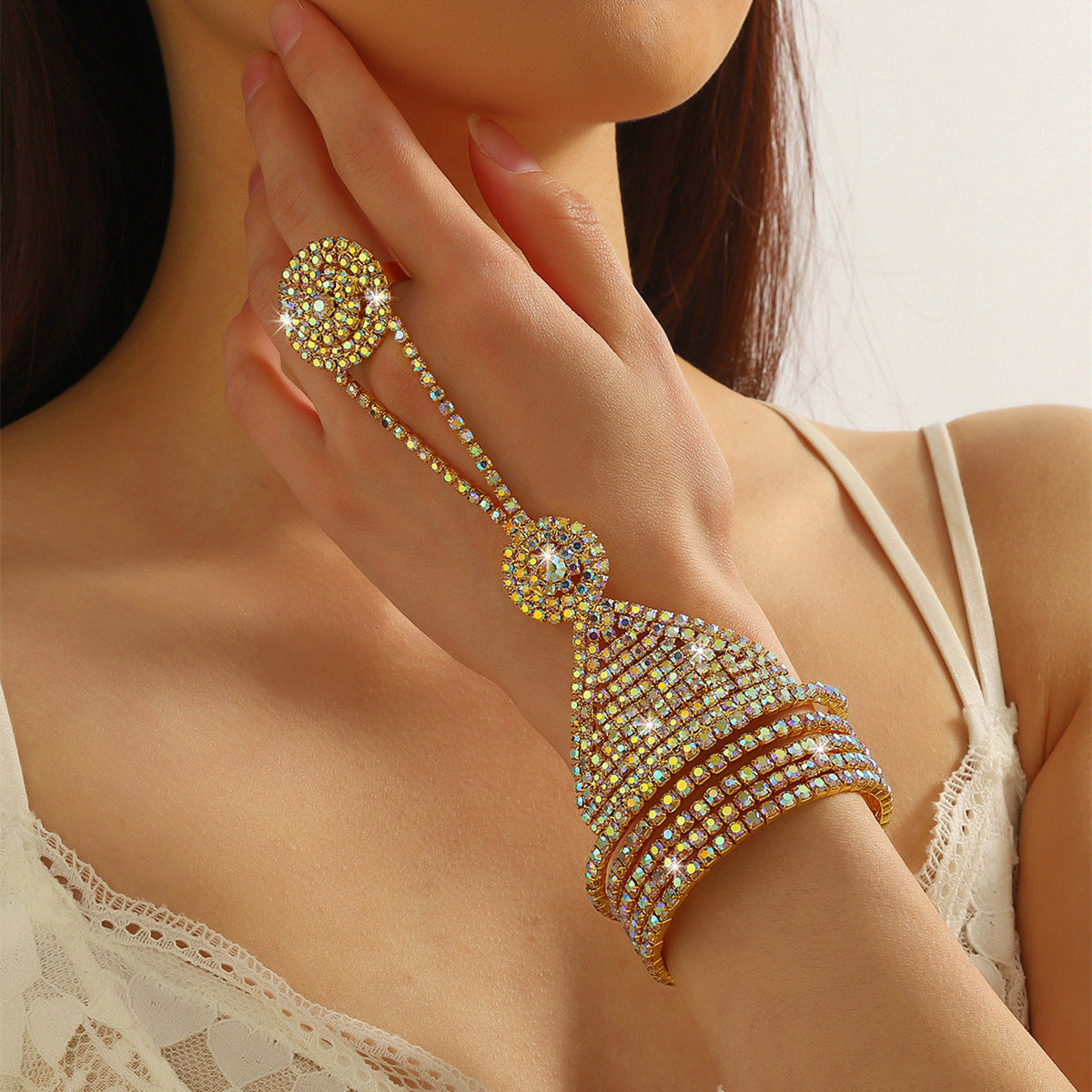 Elegant Multi-Layer Rhinestone Gold Finger Bracelet for Women