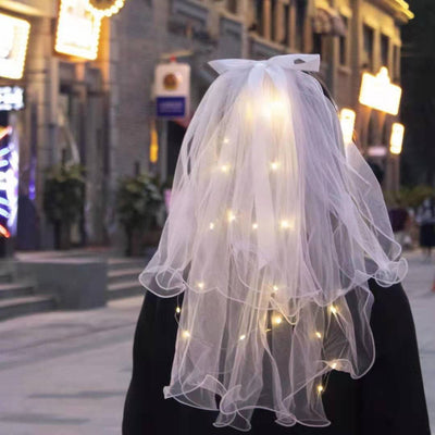 Simple Bow Knot LED Light-Up Birdcage Veil with Pearls and Ribbon