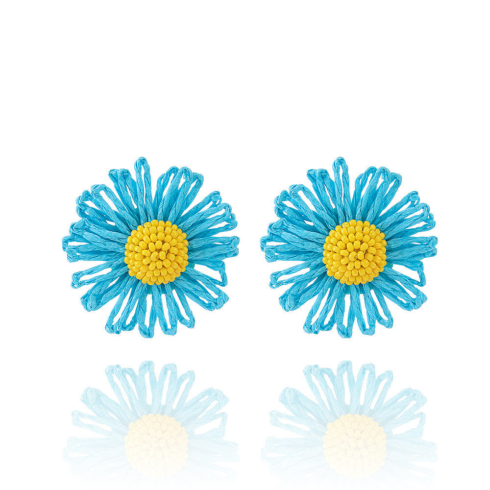 1 Pair Cute Daisy Raffia Flower Drop Earrings for Summer Beach Style